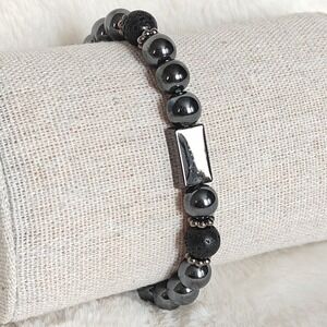 Mens Hematite Bracelet Silver Beaded Stone GunmetalAccent Minimalist Accessorie